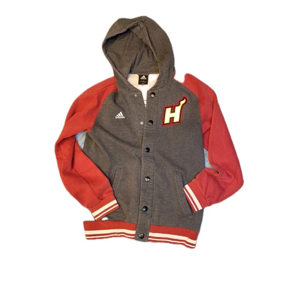 Adidas Basketball Letterman Hooded Jacket Gray Red Snap Button‎ NBA Logo Size L